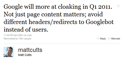 Matt Cutts sagt Cloaking den Kampf an (Twitter)