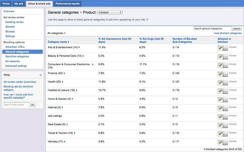 Kategoriefilter bei Google AdSense